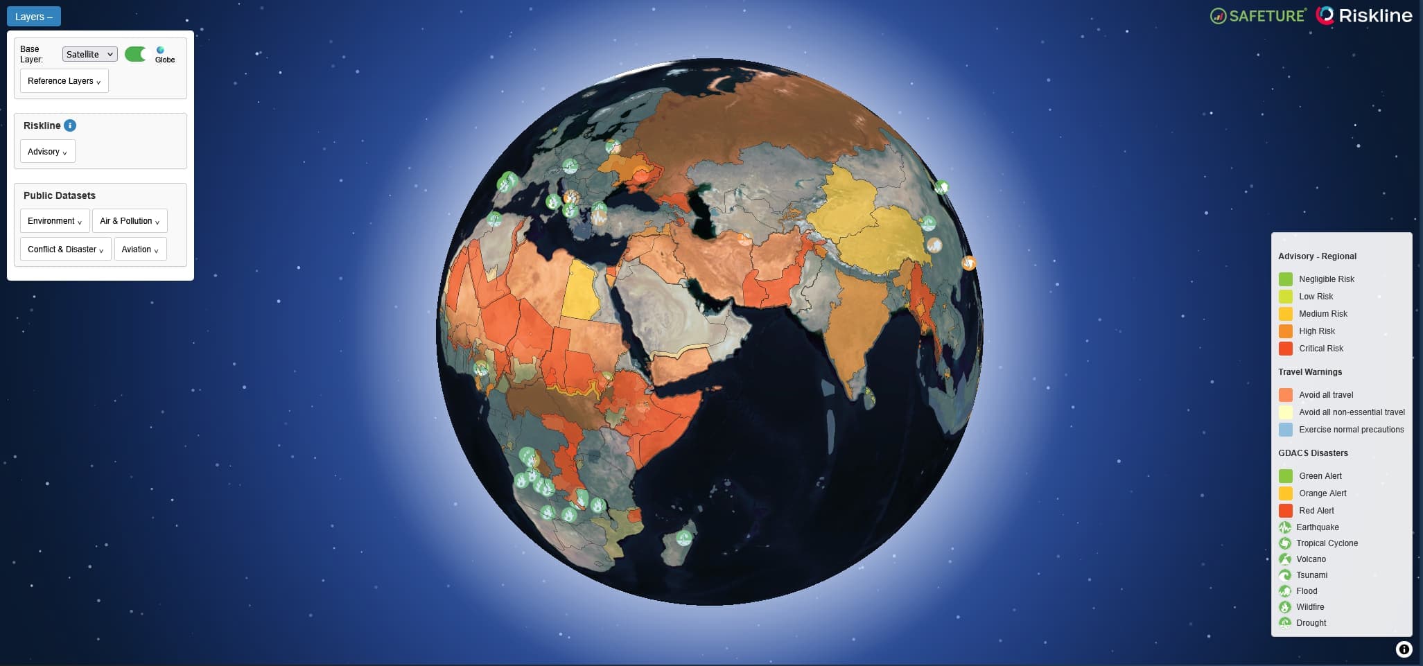 Risk Map: Der Globe zeigt an, in welchen Ländern für Unternehmen Herausforderungen, aber auch Chancen bestehen. Quelle: Riskline und Safeture.